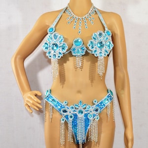 Samba showgirl Bra Bikini costume Set Turquoise with necklace Crystals  /Orientale/Belly Dance/carnival SAMBA Waistband BRA /Cabaret