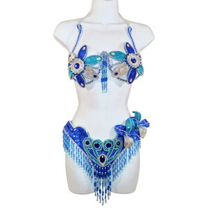 Samba Show meisje BH bikini braziliaans Blauw / blauw / Zilver set Buikdans carnaval kostuum Tailleband BH / Cabaret / veren / CUSTOM made