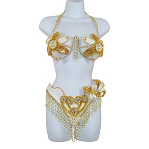 Samba Show girl Bra bikini brazilian White/Gold set Belly dance carnival costume Waistband BRA /Cabaret/ feathers/CUSTOM made