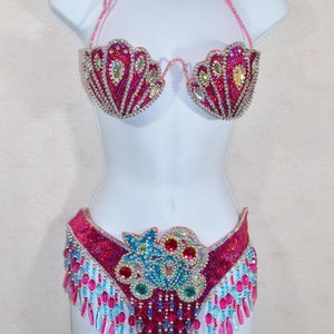 Samba Show girl Bra bikini brazilian Pink/Blue set Belly dance carnival costume Waistband BRA /Cabaret/ feathers/CUSTOM made