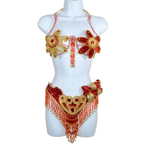 Samba Show Mädchen BH Bikini brasilianisches Rot/Gold Set Bauchtanz Fasching Kostüm Bund BRA/Cabaret/Federn/CUSTOM made