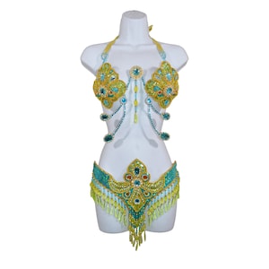 Samba Bra bikini brazilian set Turquoise/Gold  Belly dance carnival costume Waistband BRA /Cabaret/Show girl/ feathers/CUSTOM made