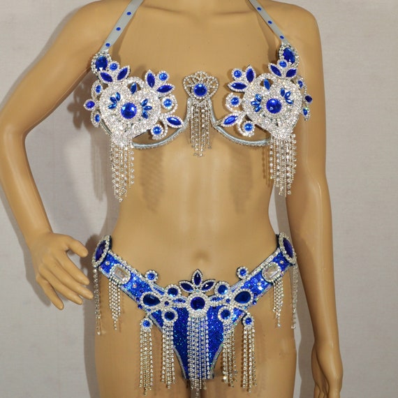 ショーガール サンバ ブラ ビキニ ブルー セット クリスタル