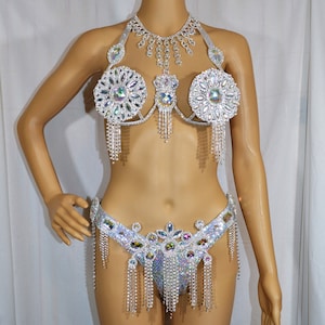 Showgirl samba bikini bra costume set Silver with necklace Crystals/carnival Waistband /Cabaret/CUSTOM made