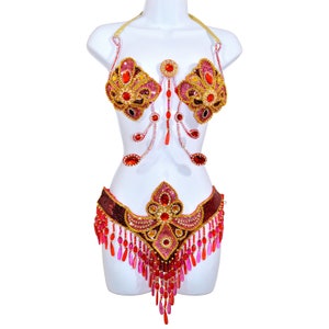 Samba BH Bikini Set Rot/Gold Bauchtanz Karneval Kostüm Bund BH /Kabarett/Show girl/ Federn/CUSTOM made