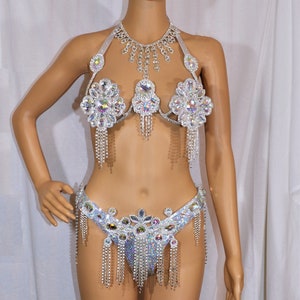 Show girl  costume samba Silver Bra Bikini  with necklace Crystals/carnival Waistband BRA /Cabaret/CUSTOM made