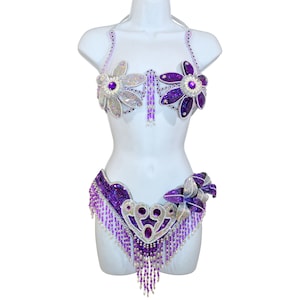 Samba Show girl Bra bikini brazilian Purple/Silver set Belly dance carnival costume Waistband BRA /Cabaret/ feathers/CUSTOM made
