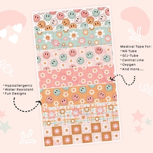 May include: A set of six colorful medical tapes with smiley face and floral patterns. The tapes are hypoallergenic, water resistant, and have fun designs. The text on the right side of the image reads: "Medical Tape For: NG Tube, G/J-Tube, Central Line, Oxygen, And more..."