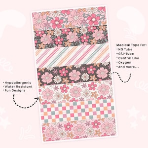 May include: A sheet of medical tape with various floral and geometric patterns in pink, white, and brown. The tape is labeled as hypoallergenic, water-resistant, and featuring fun designs. Text on the image indicates the tape is for NG tubes, G/J-tubes, central lines, and oxygen.