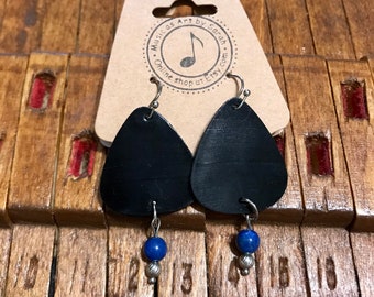 Vinyl record guitar pick earrings with your choice of beads made of semi precious stones; great gift for vinyl or music lover FREE SHIPPING