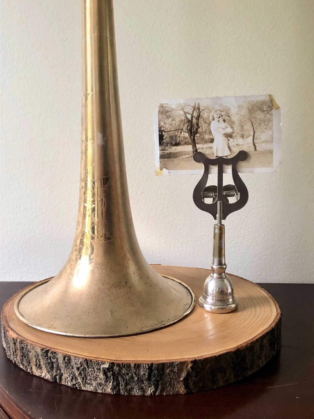 Musical Photo Clip Stand, Display Piece Upcycles a Trombone Mouthpiece