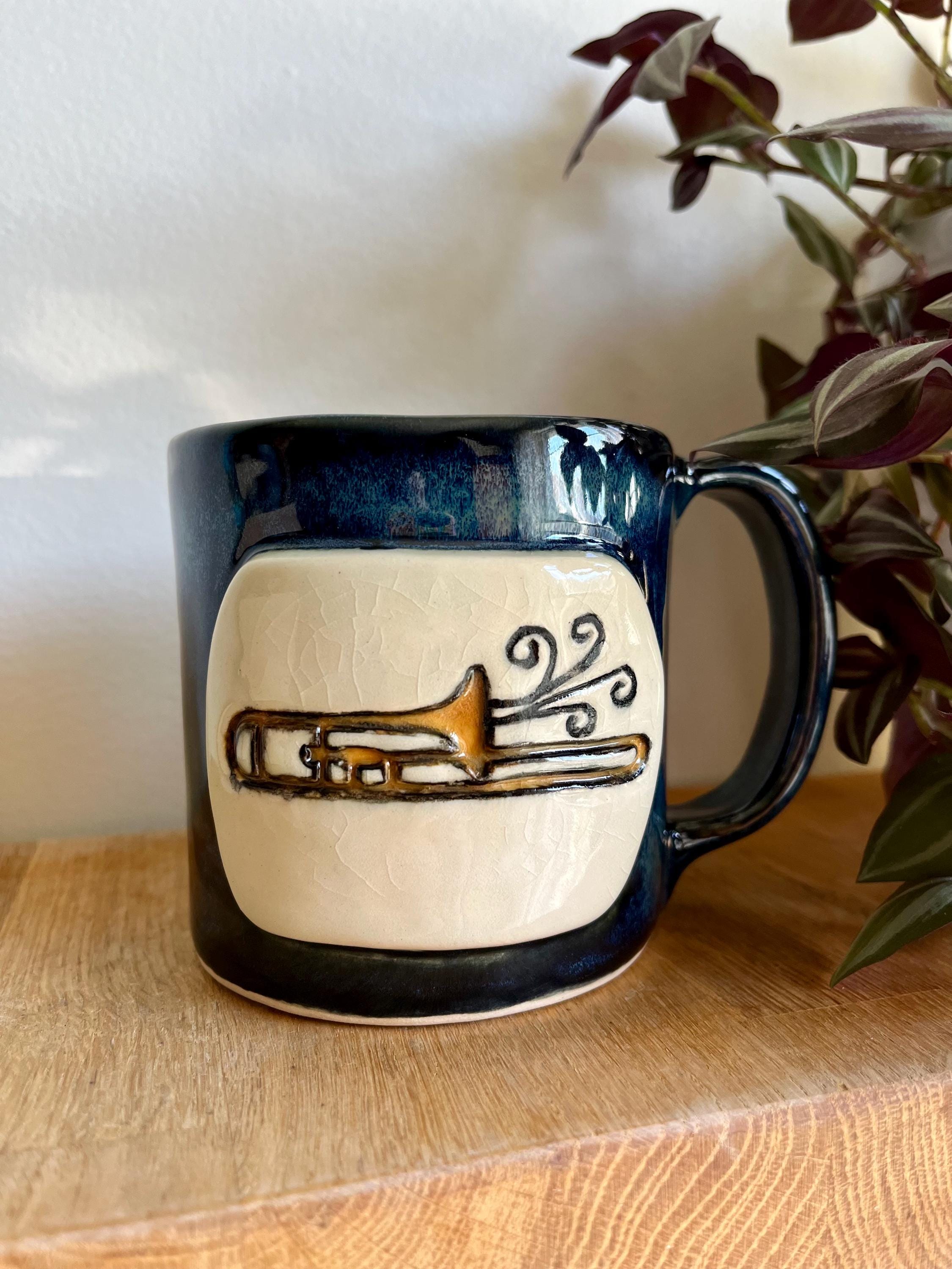 Trombone handmade pottery mug, gift for a Trombonist, band teacher gift,  glaze with 14 oz capacity