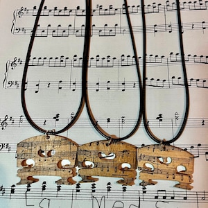 Upcycled violin bridge pendant stamped with sheet music on black leather cord, FREE SHIPPING violin musician gift, orchestra teacher gift