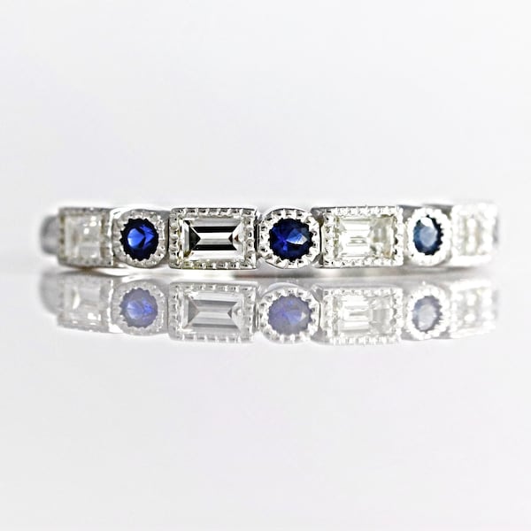 Diamond and Blue Sapphire 3 MM Ring/ Diamond Baguette Sapphire Dot Wedding Band/ Vintage Bezel Sapphire Diamond Ring/ Alternate Unique Stack