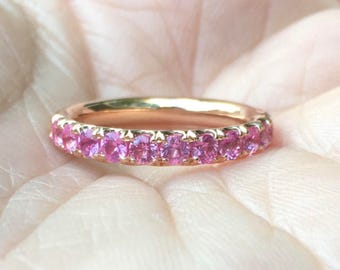 Pink Sapphire Half Eternity Band Pave Sapphire Band Ring 3mm Wedding Anniversary Pave Pink Sapphire Gaurd Band September Birthday Stack Ring