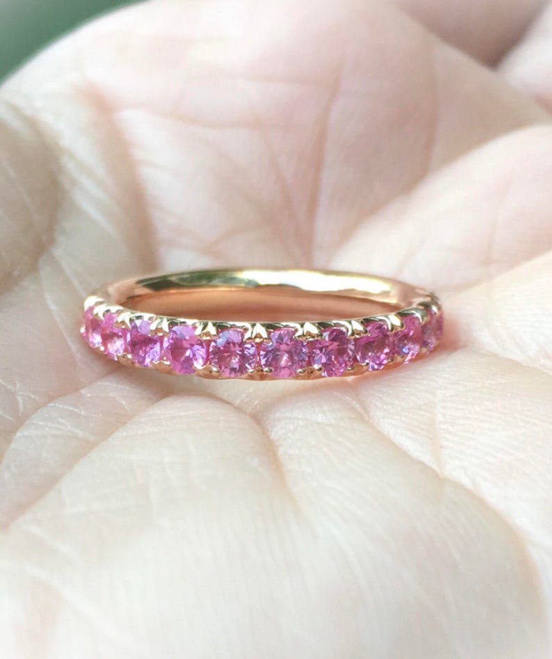 Pink Sapphire Half Eternity Band Pave Sapphire Band Ring 3mm Wedding Anniversary Pave Pink Sapphire Gaurd Band September Birthday Stack Ring image 1