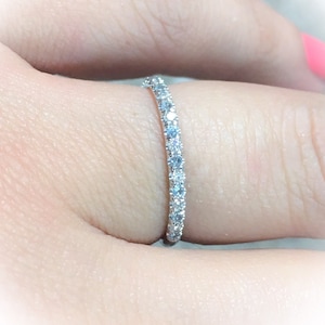 Diamond Aquamarine Half Eternity Pave Band/ 1.5mm Alternating Aquamarine Diamond Stack Ring/ 2 Birthstone Wedding Band/ March Push Present