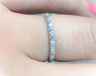 Diamond Aquamarine Half Eternity Pave Band/ 1.5mm Alternating Aquamarine Diamond Stack Ring/ 2 Birthstone Wedding Band/ March Push Present