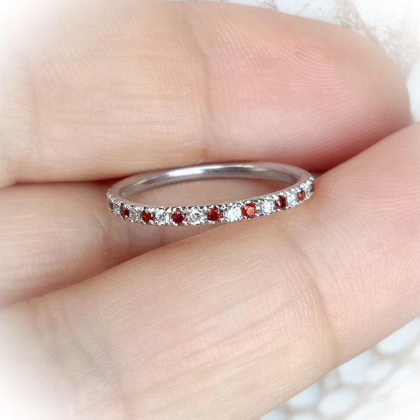 Garnet Diamond Ring/ 1.5mm Alternating Pave Full Eternity Wedding Band/ Garnet Diamond Anniversary Stack Ring/ January April Birthstone Band