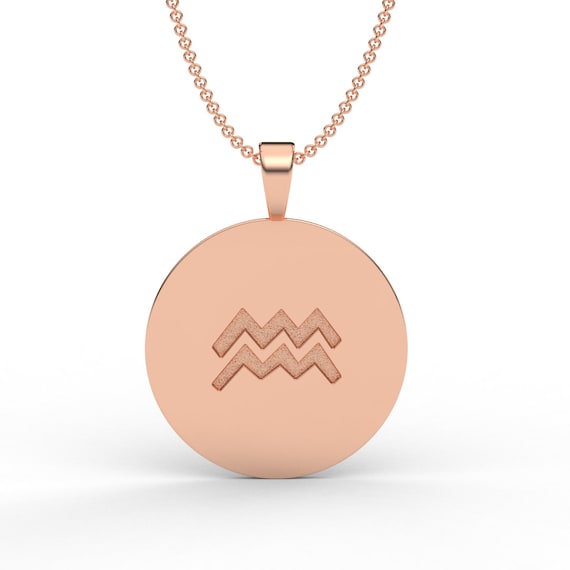 Aquarius Zodiac Coin Necklace Aquarius Horoscope Medallion Unique 2 Sided Aquarius Constellation Disk Necklace W Diamond Stars 14K 18K Gift