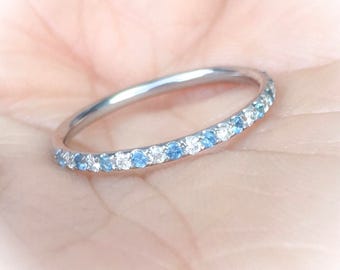 Diamond Aquamarine Half Eternity Pave Band/ Alternating Aquamarine Diamond Stack Ring/ 1.5mm April March Birthstone Ring/ 19th Anniversary
