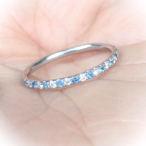 Diamond Aquamarine Half Eternity Pave Band/ Alternating Aquamarine Diamond Stack Ring/ 1.5mm April March Birthstone Ring/ 19th Anniversary