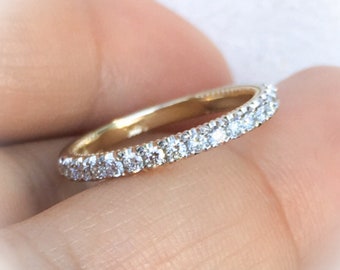 Two Tone Natural Diamond Eternity Band, Solid Gold Pave Stackable Ring