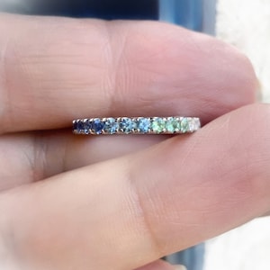 Gradient Blue Green Pave Ring/ Coastal Ombre Beach Wedding Band/ 2.3mm Half Eternity/ Mermaid Colors Diamond Alexandrit Aquamarine Sapphire image 1