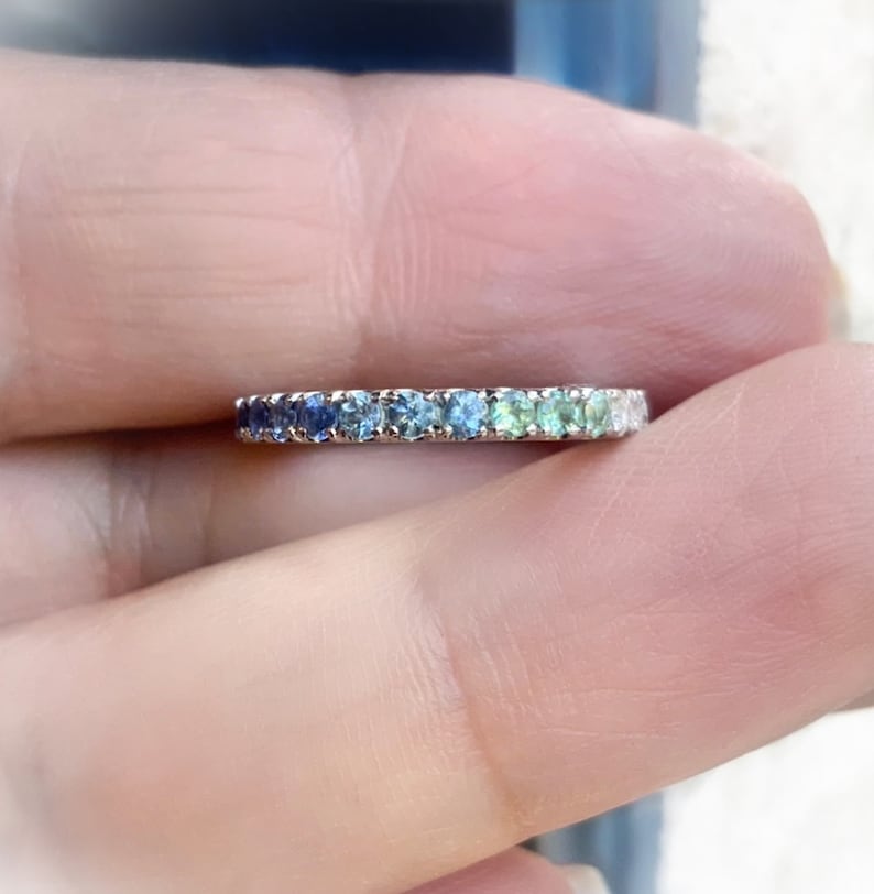 Gradient Blue Green Pave Ring/ Coastal Ombre Beach Wedding Band/ 2.3mm Half Eternity/ Mermaid Colors Diamond Alexandrit Aquamarine Sapphire image 1