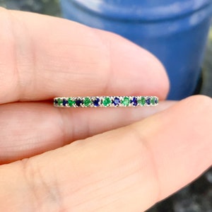 Emerald Sapphire Alternating Half Eternity Ring/ Blue Sapphire Emerald Pave Band/ 2mm Anniversary Ring/ May September Birthstone Stack Ring