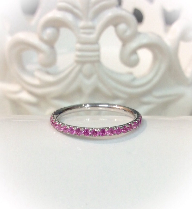 14K White Gold Pink Sapphire Full Eternity Ring 1.6mm Blushing Bride Pave Eternity Band 14K Pink Sapphire Matching Eternity Ring Birthstone