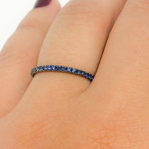 Blue Sapphire Black Pave Half Eternity Band 1.5mm Black Rhodium Eternity Band Dark Grey Gold Blue Sapphire Band Unique Infinity Ring Stack