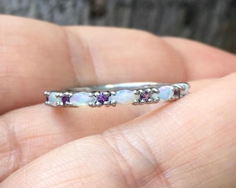 Amethyst Opal 2.2 MM Ring/ Unique Opal Amethyst Band/ Wedding Amethyst Ring Guard/ Alternating Amethyst Opal Stack/ Unique Anniversary Band