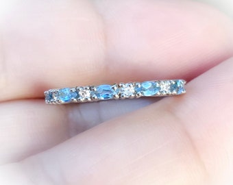 Marquise Aquamarine Diamond Dot 2.2 MM Ring/ Diamond Aquamarine Alternating Wedding Band/ Half Eternity Guard Stack/ 19th Anniversary Gift