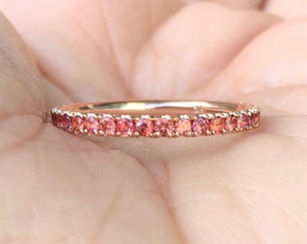 Orange Sapphire Pave Ring/ Full Eternity Wedding Guard Ring/ Orange Sapphire Stacking Ring/ 2mm Padparadscha Sapphire Anniversary Stack Ring