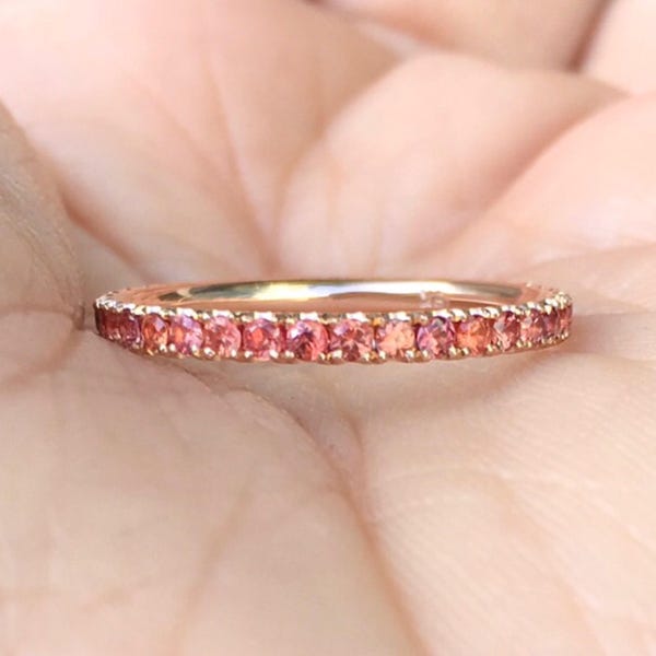 Orange Sapphire Pave Ring/ Full Eternity Wedding Guard Ring/ Orange Sapphire Stacking Ring/ 2mm Padparadscha Sapphire Anniversary Stack Ring