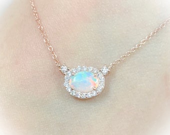 Oval Opal Solitaire Necklace/ Single Stone Opal Wedding Necklace/ Diamond Opal Pendant on a Chain/ October Birthstone Necklace, 14K and 18K