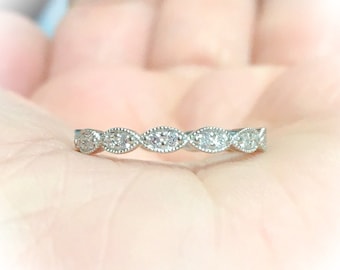 Marquise Natural Diamond Vintage Look Full Eternity Ring/ Marquise Wedding Milgrain Band 2.3 MM/ Marquise Stacking Ring/ Art Deco Guard Ring