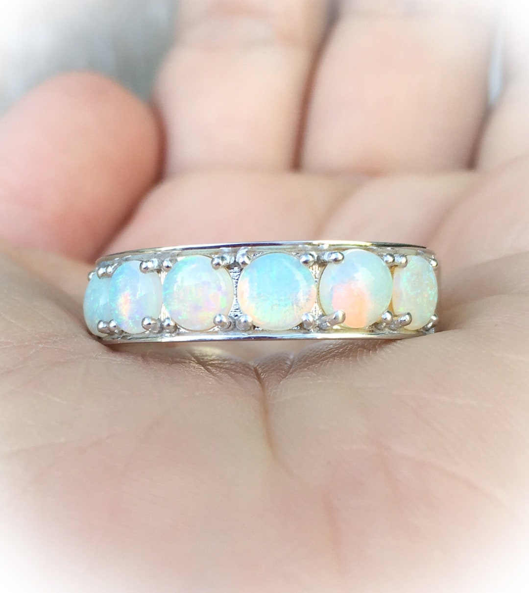 Opal Band Thick Opal Ring Unique Mens Wedding Band Opal Mens and Womens October Birthday Ring