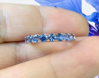 Cornflower Blue Sapphire 11 Stone Ring/ 1.65 Ct Blue Sapphire Pave Wedding Band/ September Birthstone Stacking Ring/ 10K, 14K, 18K, Platinum