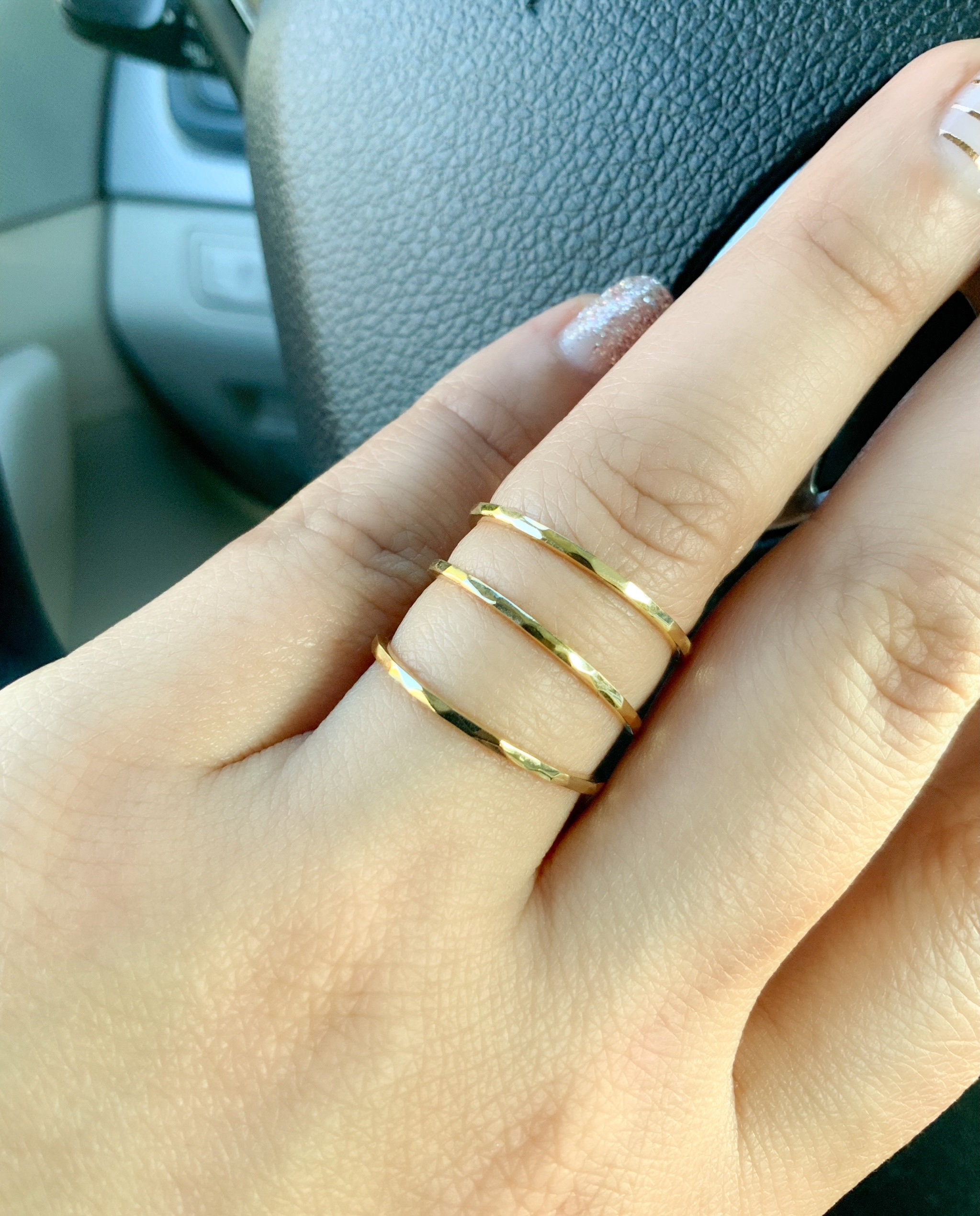 Thin Plain Band SOLID Gold 14K or 18K/ Handmade Faceted Stack Ring/ 1.5mm  Hammered Knuckle, Pinky or Thumb Ring/ Shiny Thin Semanario Rings 