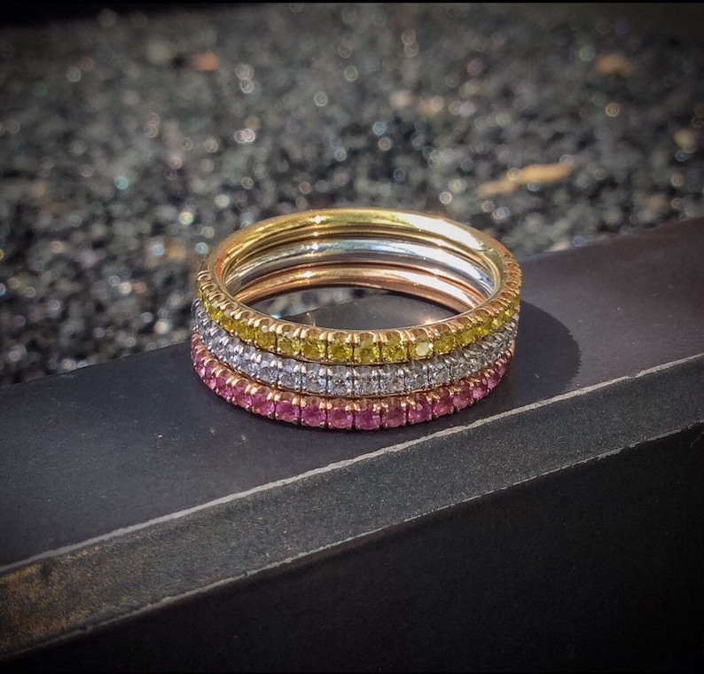 Three Sapphire Eternity Bands 14K Pave Sapphire Half Eternity Rings 1.6mm Three Tone Pave Bands 14K Tri Color Stacking Rings Set of Bands