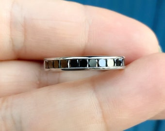 Channel Set Black Diamond Band/ Princess Cut Half Eternity Unisex Ring/ 3.5mm Black Diamond Mens Womens Wedding Band/ 10K 14K 18K Platinum