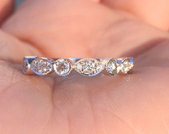 Marquise Dot Half Eternity Milgrain Women's Diamond Ring/ Natural Diamond Band 3 MM/ Unique Diamond Wedding Stacking Ring/ 14K 18K Platinum