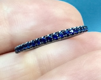 Blue Sapphire Black Pave Full Eternity Ring/ 1.5mm Black Rhodium Infinity Band/ Dark Grey Gold Blue Sapphire Unique Wedding Band/ Gaurd Ring