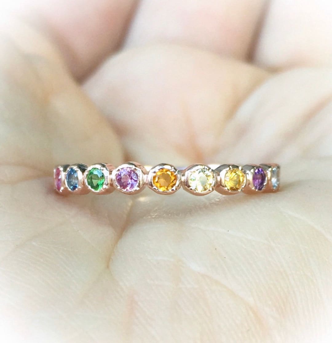 Rainbow Ring With Natural Gemstones/ Bezel Set Colorful Ring