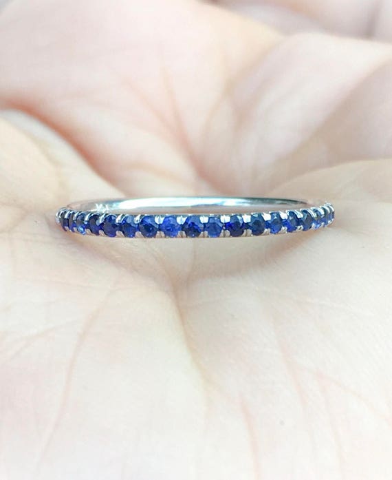 Half Eternity Blue Sapphire /& White Simulated Diamond 14K Yellow Gold Plated Thin Engagement Wedding Band Ring
