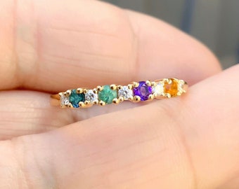 Mother's Ring/ 4 Stone Personalized Family Birthstone Ring with Diamonds/ Multi Stone Ring: London Blue Topaz Alexandrite Amethyst Citrine