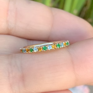 Emerald Blue Topaz Citrine Half Eternity Stack Ring/ Alternating Mix Color Pave 2mm Ring/ Multicolor Birthstone Band/ Unique Tricolor Ring