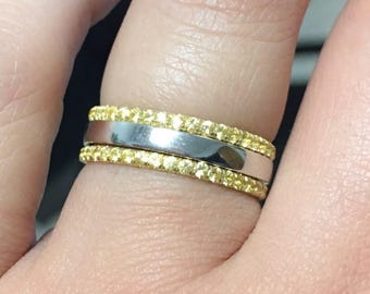 Set of 3 Bands Pave Yellow Sapphire Bands Plain Band with Two Sapphire Full Eternity Rings Modern Stacking September Birthstone Pave Bands